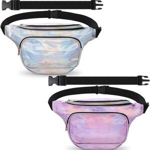 Set of 2 Holographic Plus Size Fanny Pack Set Silver & Purple Belt Bag Crossbody